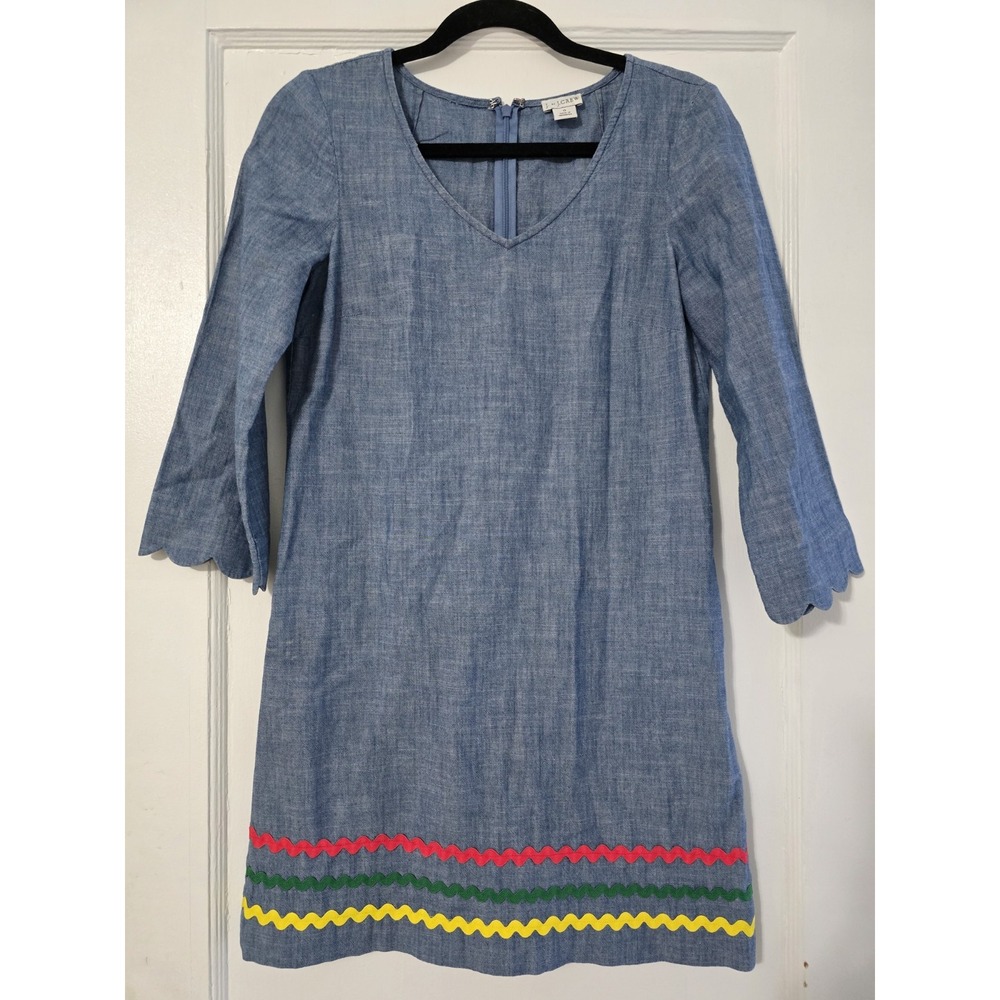 J.CREW Shift Dress Women Size 0 Blue Denim 100% Cotton V Neck Back Zip Pullover - Picture 1 of 6